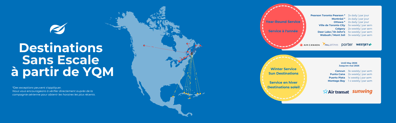 Map of North America with flight routes from YQM showing year-round and winter sun destinations, with airline logos.