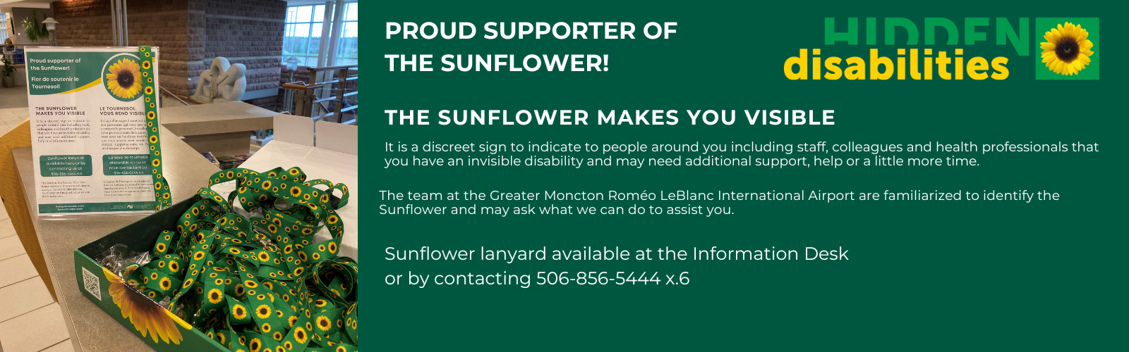 Box of green sunflower-patterned lanyards and informational signage for the Hidden Disabilities Sunflower program at an airport.
