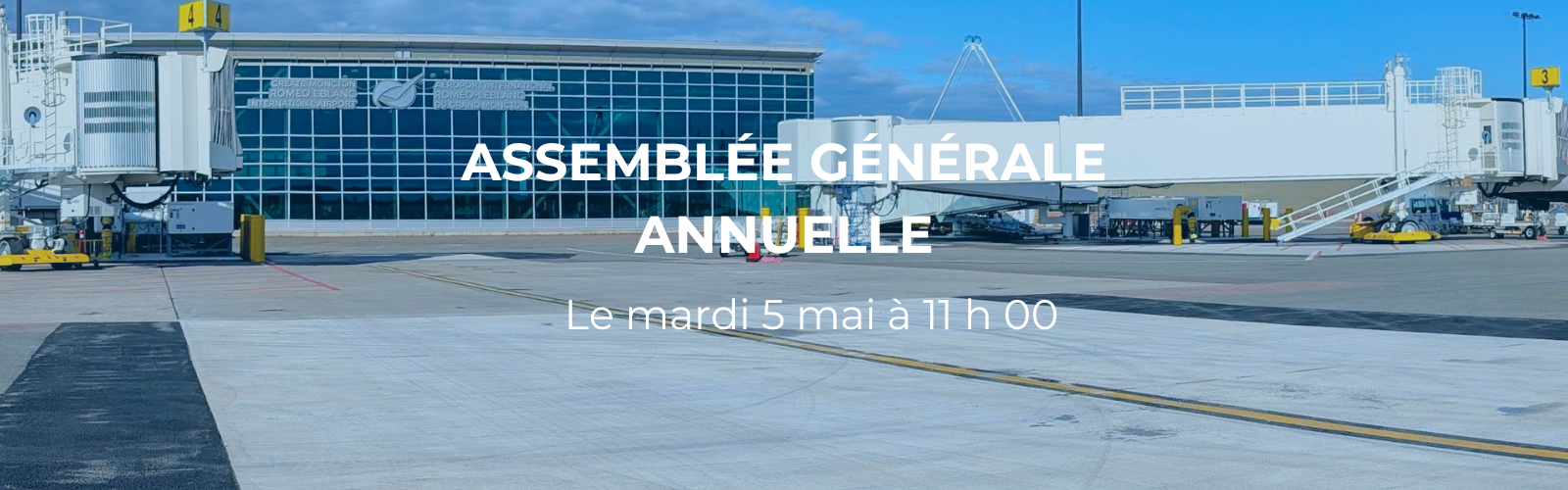 Airport terminal with jet bridges, tarmac and the text 